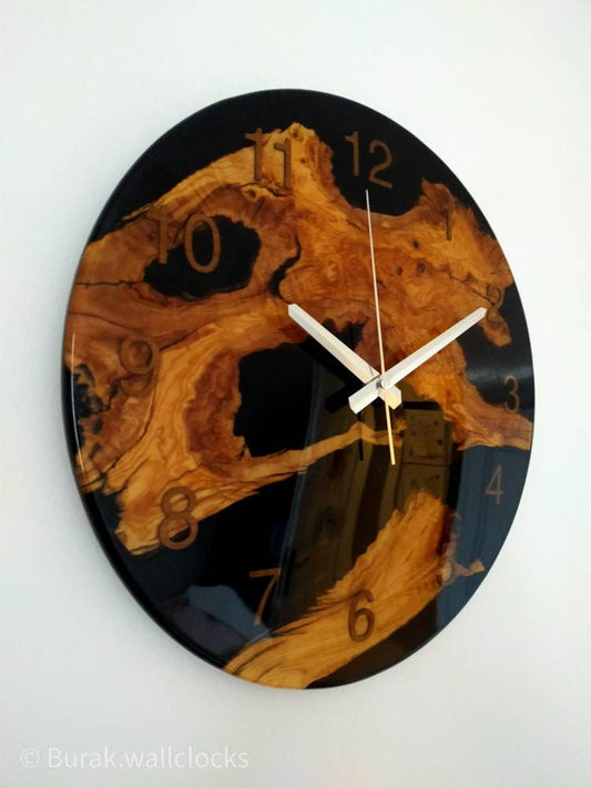 Transparent Epoxy & Olive Wood Wall Clock resinwoodliving