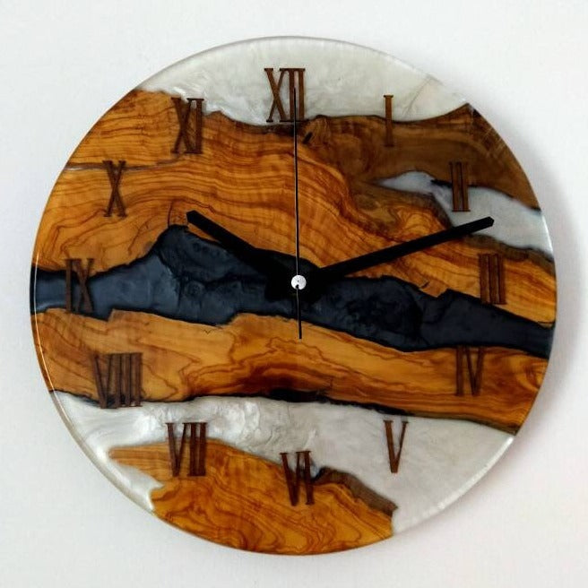 Bicolor Epoxy & Olive Wood Wall Clock resinwoodliving