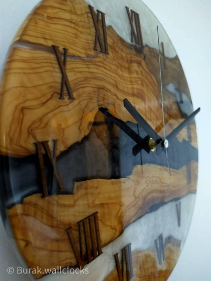 Bicolor Epoxy & Olive Wood Wall Clock resinwoodliving