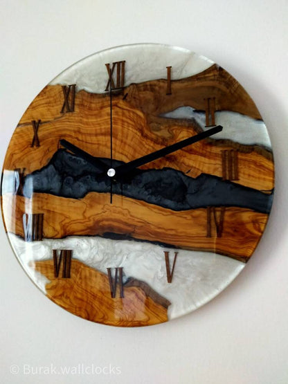 Bicolor Epoxy & Olive Wood Wall Clock resinwoodliving