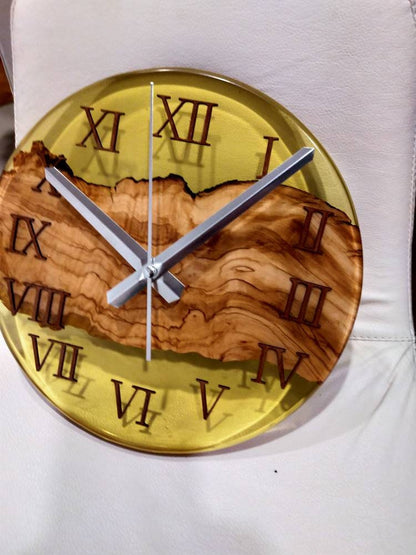 Transparent Epoxy & Olive Wood Wall Clock resinwoodliving
