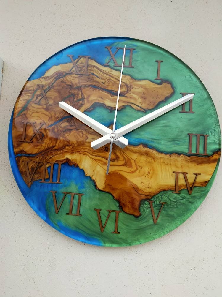 Bicolor Epoxy & Olive Wood Wall Clock resinwoodliving