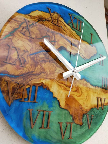 Bicolor Epoxy & Olive Wood Wall Clock resinwoodliving