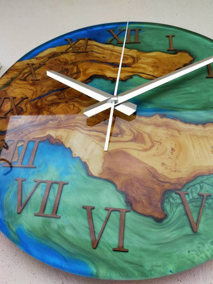 Bicolor Epoxy & Olive Wood Wall Clock resinwoodliving