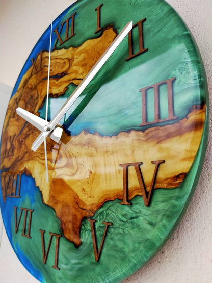 Bicolor Epoxy & Olive Wood Wall Clock resinwoodliving