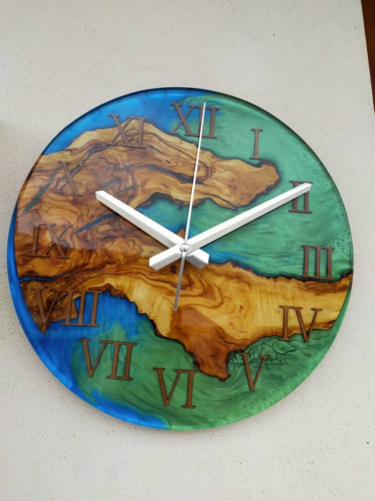 Bicolor Epoxy & Olive Wood Wall Clock resinwoodliving