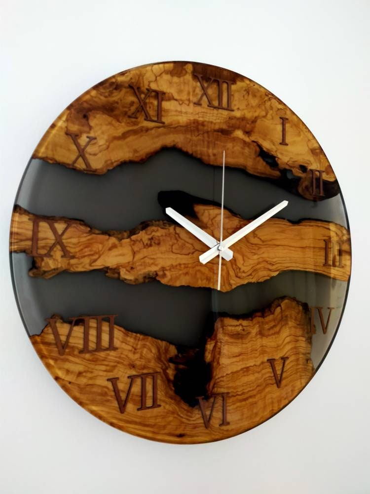 Transparent Epoxy & Olive Wood Wall Clock resinwoodliving