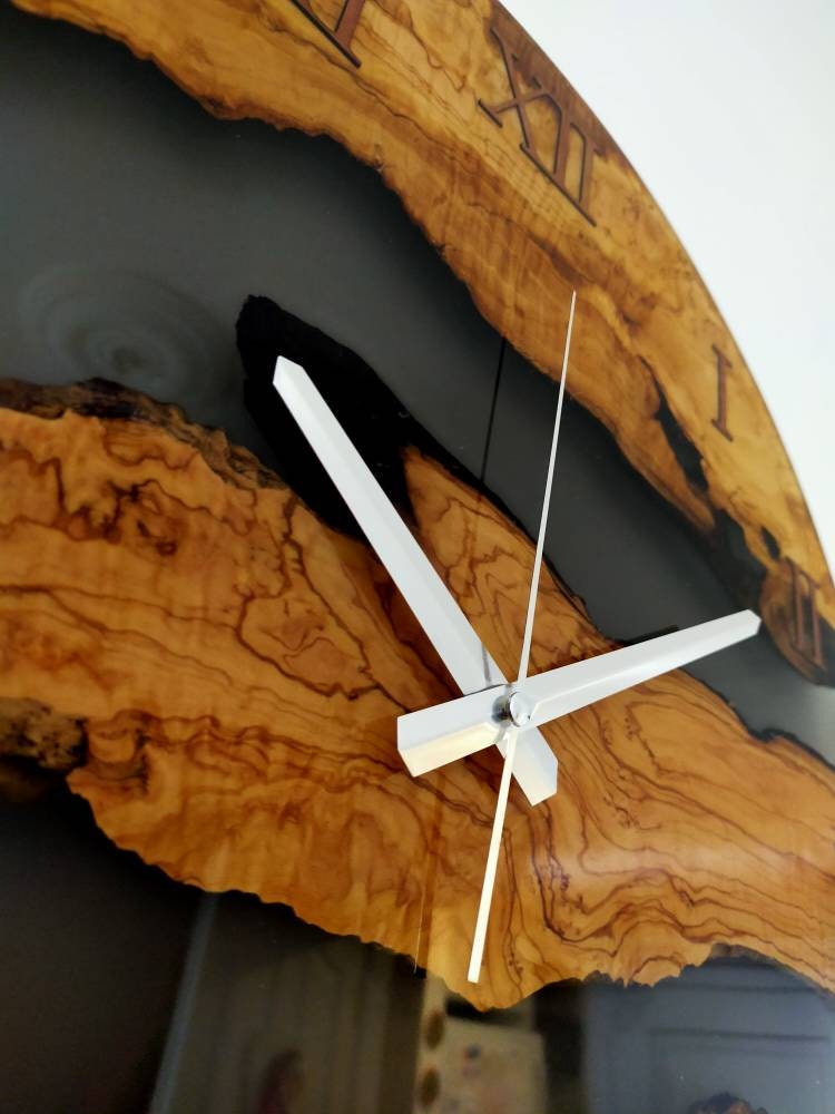 Transparent Epoxy & Olive Wood Wall Clock resinwoodliving