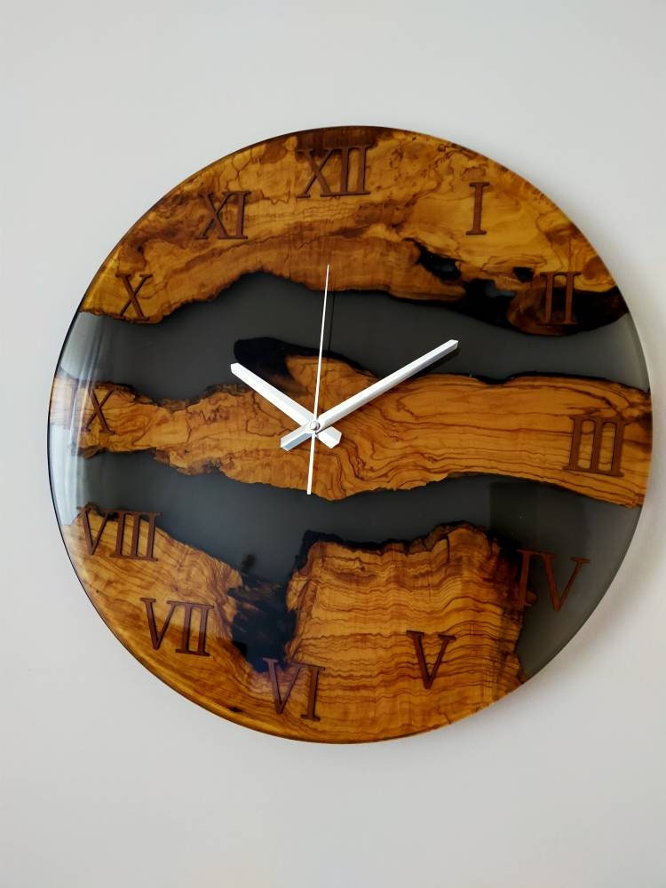 Transparent Epoxy & Olive Wood Wall Clock resinwoodliving