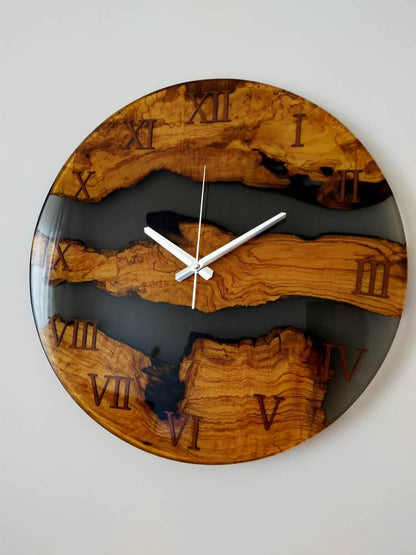 Transparent Epoxy & Olive Wood Wall Clock resinwoodliving