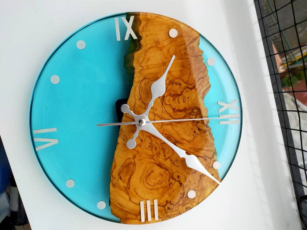 Transparent Epoxy & Olive Wood Wall Clock resinwoodliving