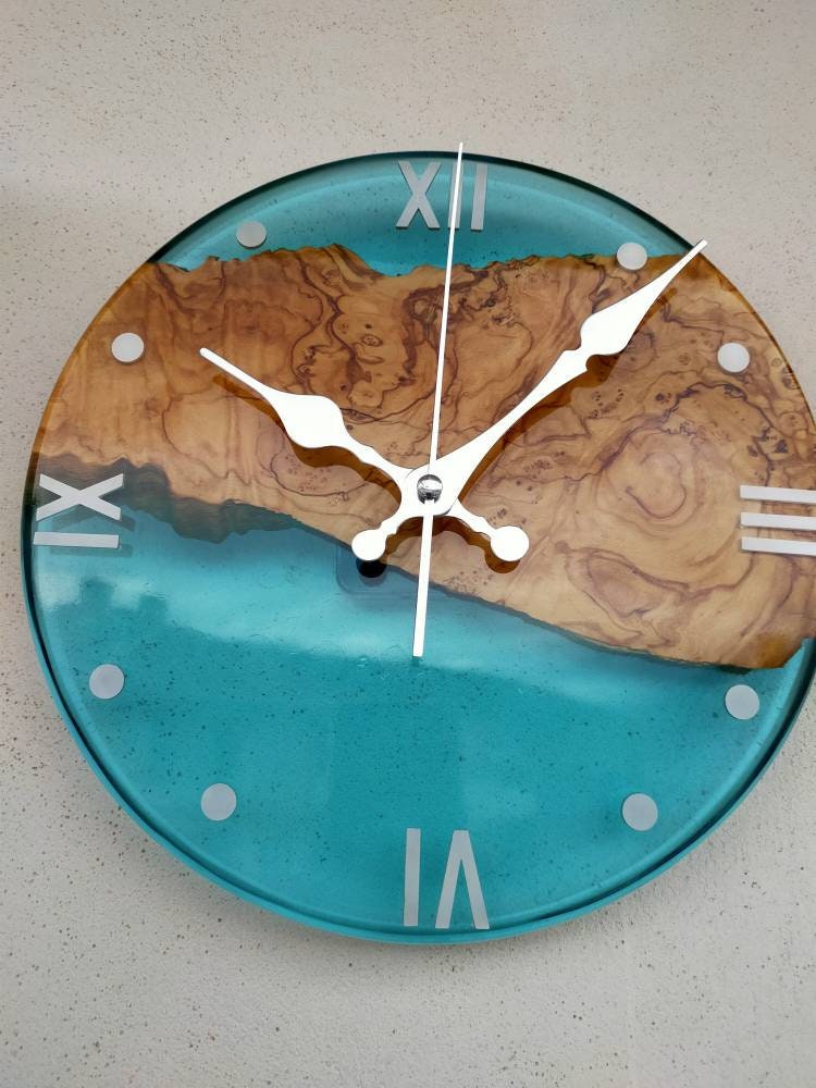 Transparent Epoxy & Olive Wood Wall Clock resinwoodliving