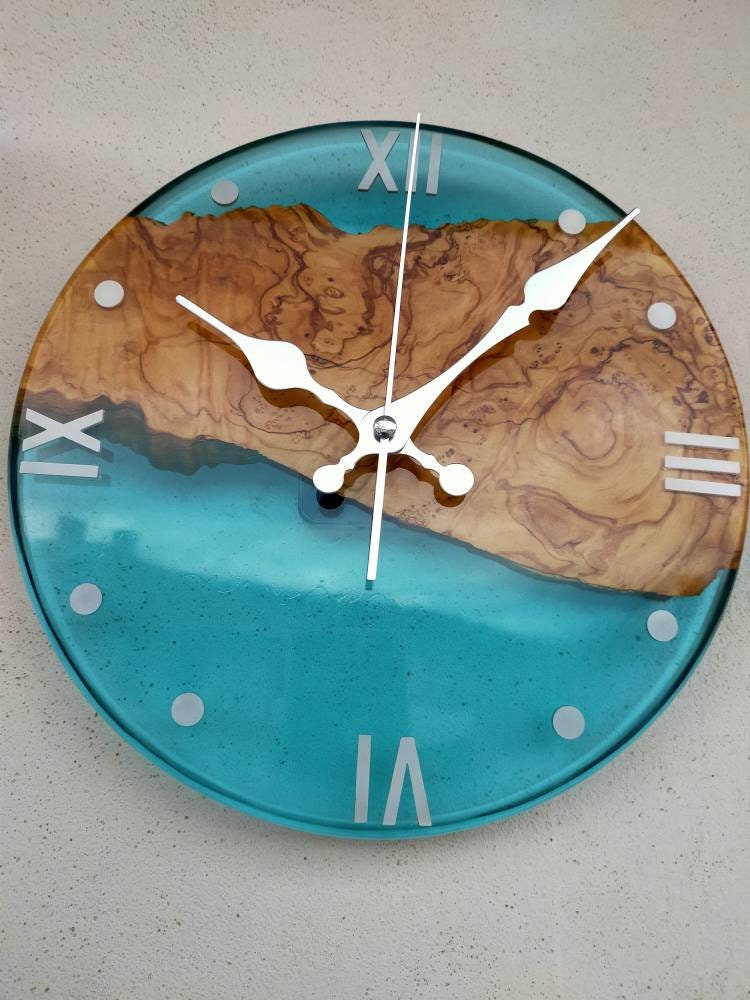 Transparent Epoxy & Olive Wood Wall Clock resinwoodliving