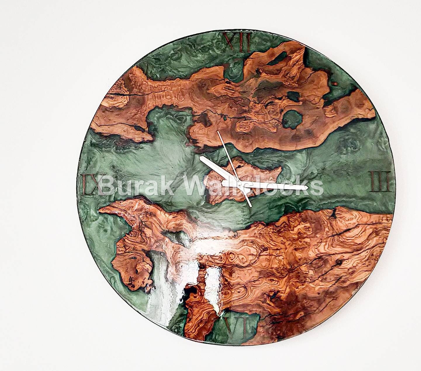 Metallic Color Epoxy & Olive Wood Wall Clock resinwoodliving