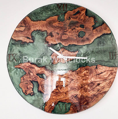 Metallic Color Epoxy & Olive Wood Wall Clock resinwoodliving