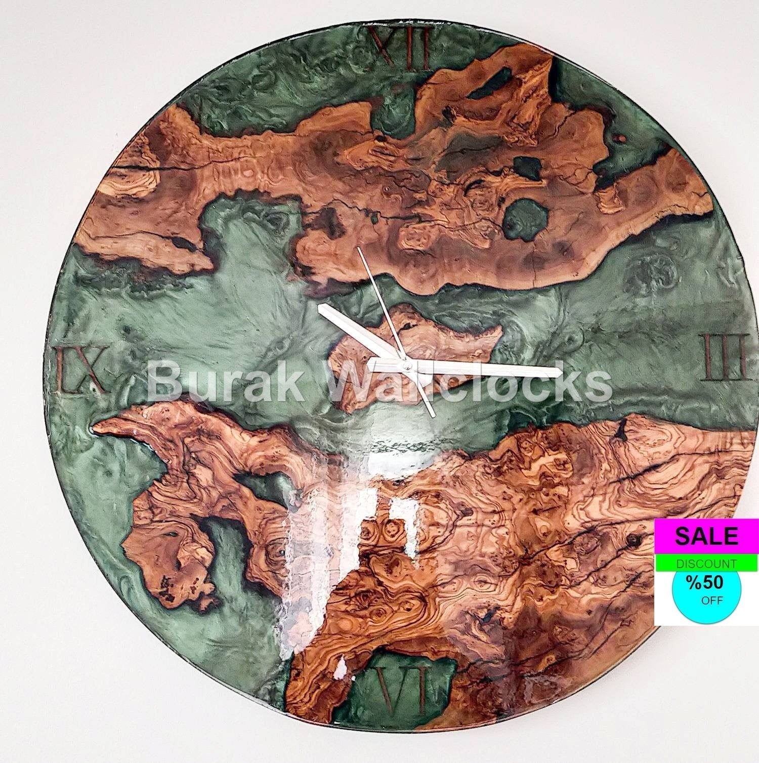 Metallic Color Epoxy & Olive Wood Wall Clock resinwoodliving