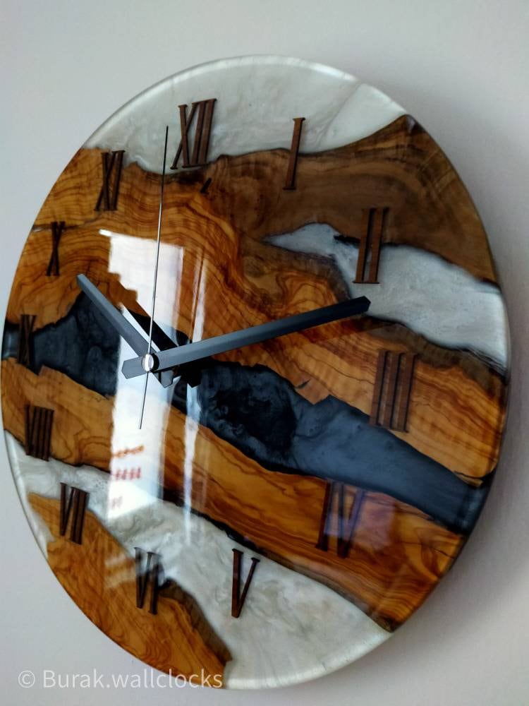 Bicolor Epoxy & Olive Wood Wall Clock resinwoodliving