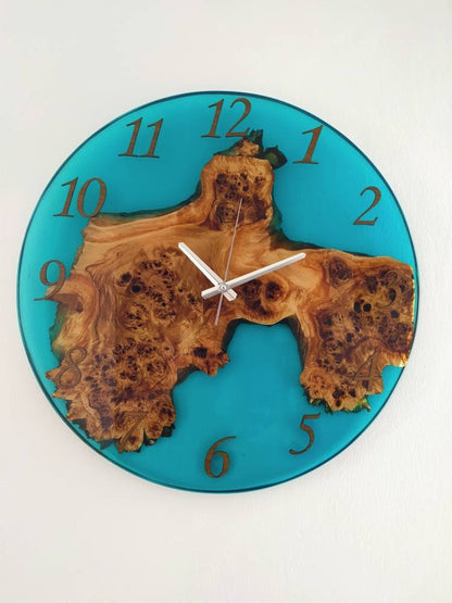 Transparent Epoxy & Olive Wood Wall Clock resinwoodliving