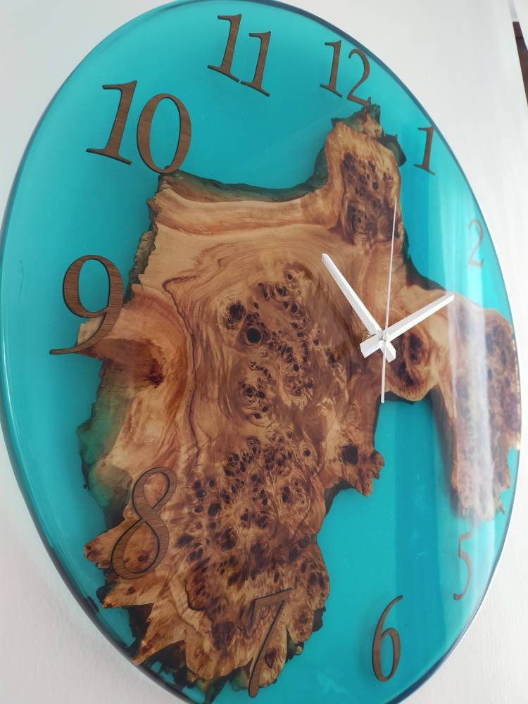 Transparent Epoxy & Olive Wood Wall Clock resinwoodliving