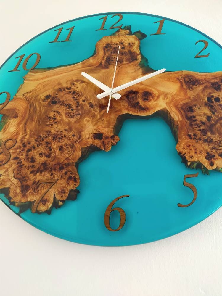 Transparent Epoxy & Olive Wood Wall Clock resinwoodliving