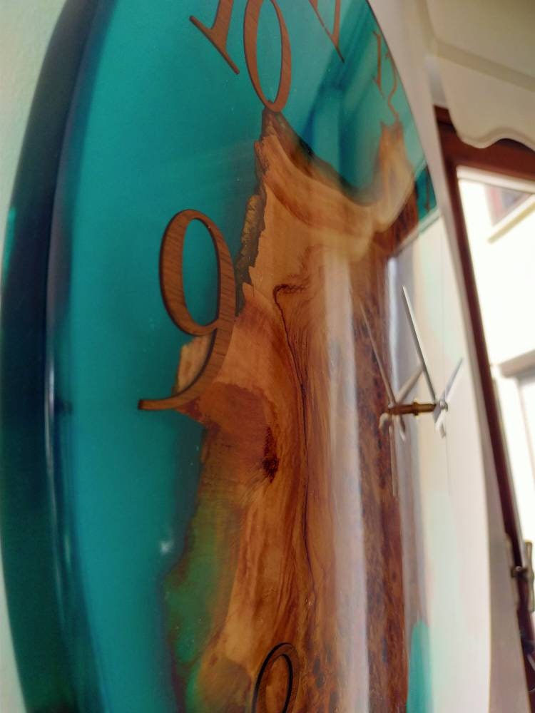 Transparent Epoxy & Olive Wood Wall Clock resinwoodliving