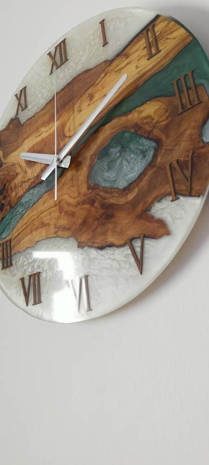 Bicolor Epoxy & Olive Wood Wall Clock resinwoodliving