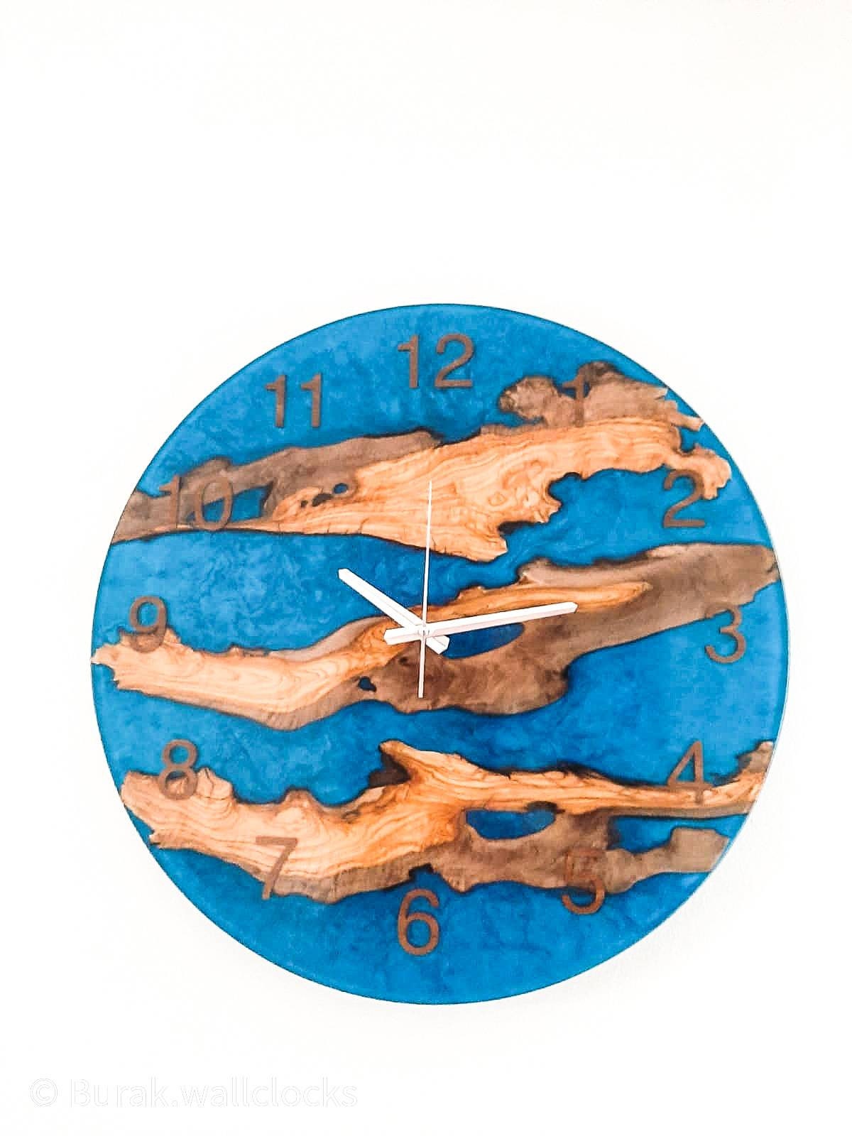 Metallic Color Epoxy & Olive Wood Wall Clock resinwoodliving