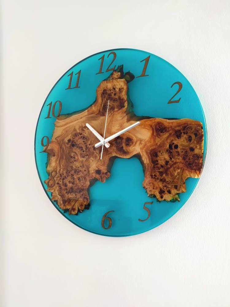 Transparent Epoxy & Olive Wood Wall Clock resinwoodliving