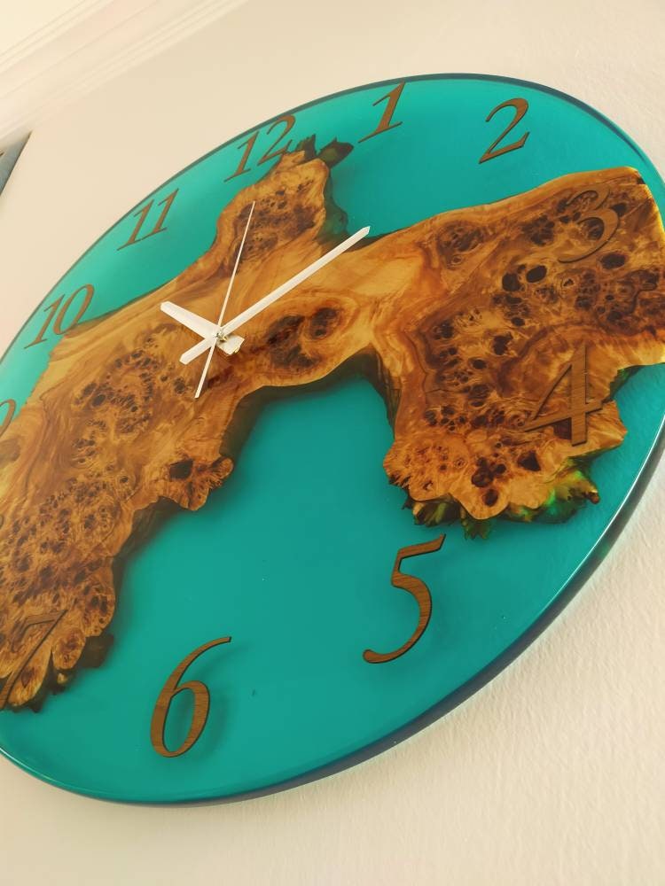 Transparent Epoxy & Olive Wood Wall Clock resinwoodliving