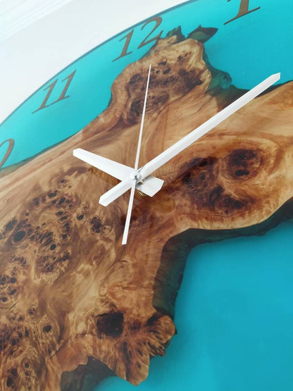 Transparent Epoxy & Olive Wood Wall Clock resinwoodliving