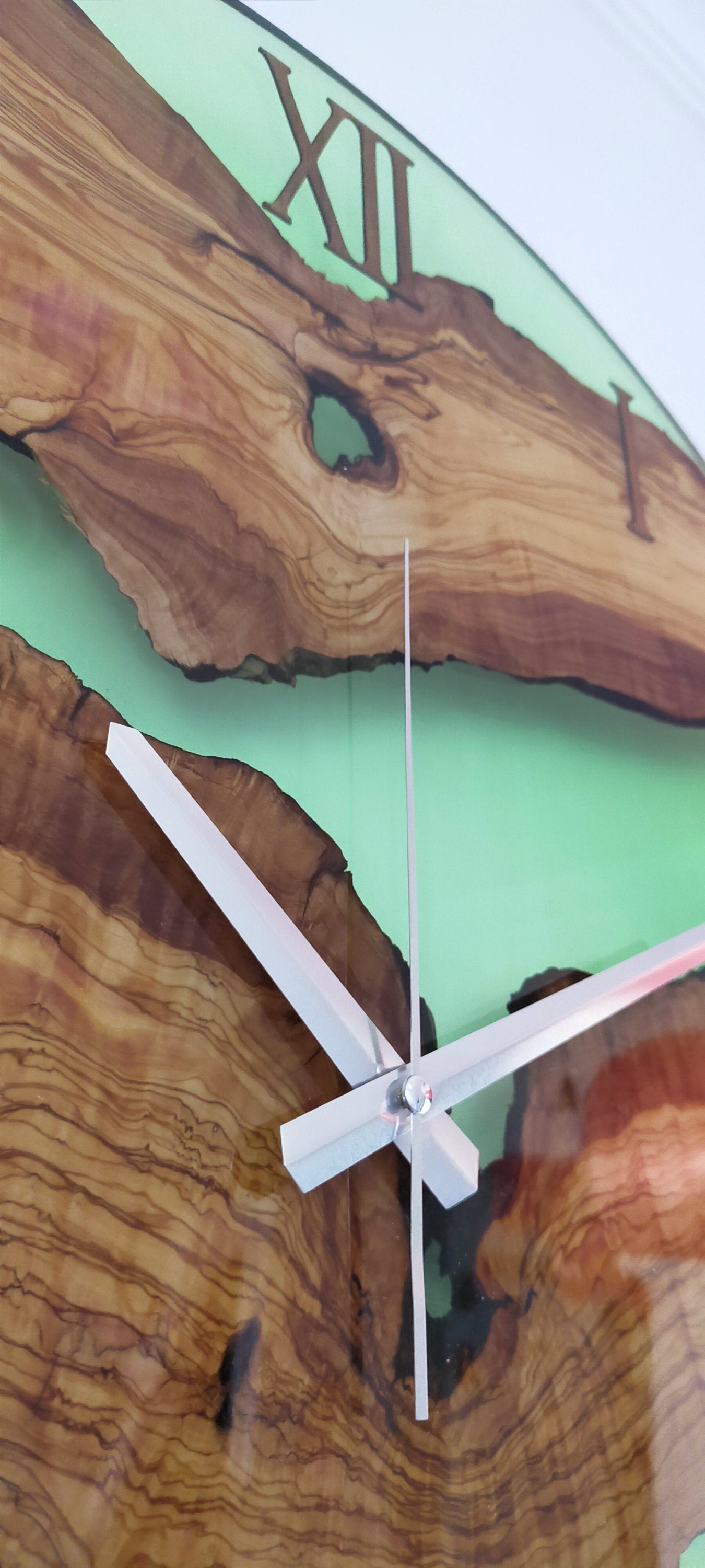 Transparent Epoxy & Olive Wood Wall Clock resinwoodliving