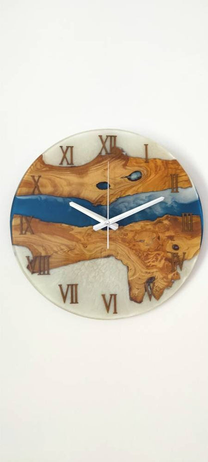 Bicolor Epoxy & Olive Wood Wall Clock resinwoodliving