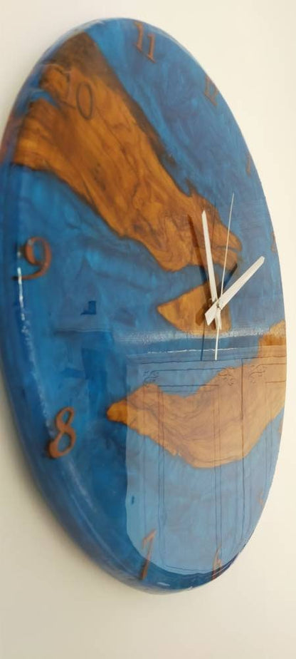 Metallic Color Epoxy & Olive Wood Wall Clock resinwoodliving