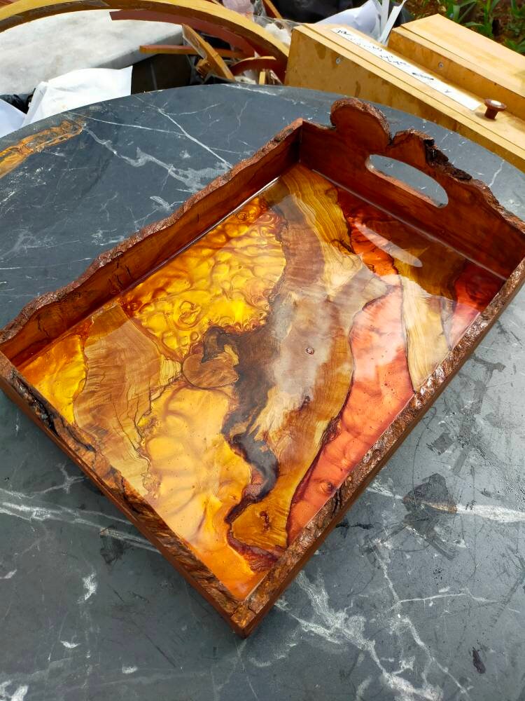 Epoxy Resin & Wood Serving Tray - Live Edge Serving Tray resinwoodliving