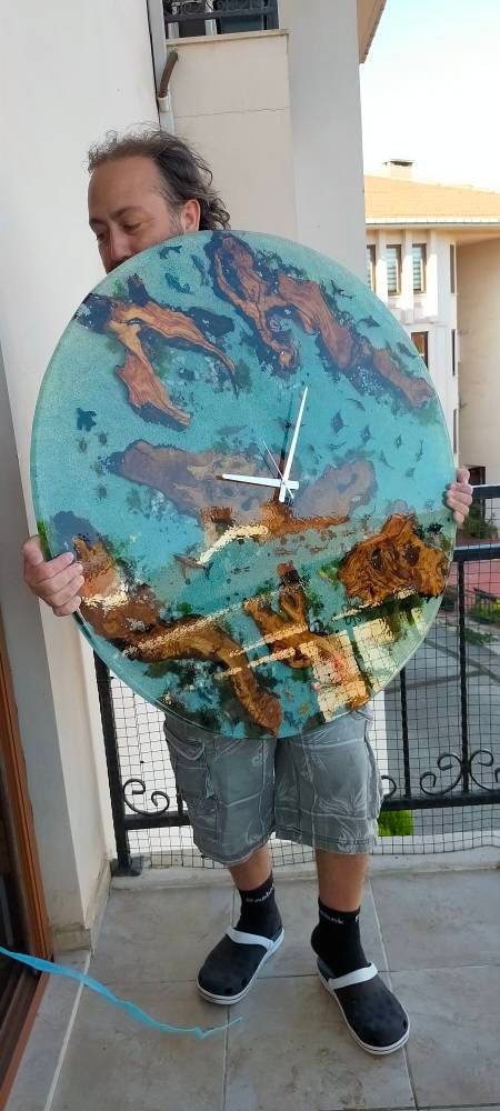 Aquarium Epoxy & Olive Wood Wall Clock resinwoodliving