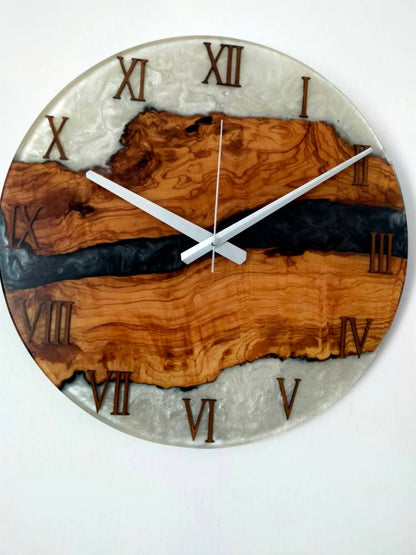 Bicolor Epoxy & Olive Wood Wall Clock resinwoodliving