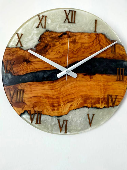 Bicolor Epoxy & Olive Wood Wall Clock resinwoodliving