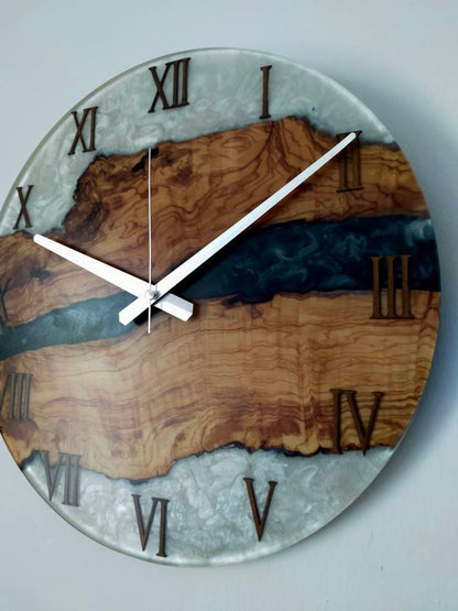 Bicolor Epoxy & Olive Wood Wall Clock resinwoodliving