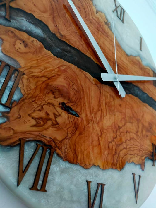 Bicolor Epoxy & Olive Wood Wall Clock resinwoodliving