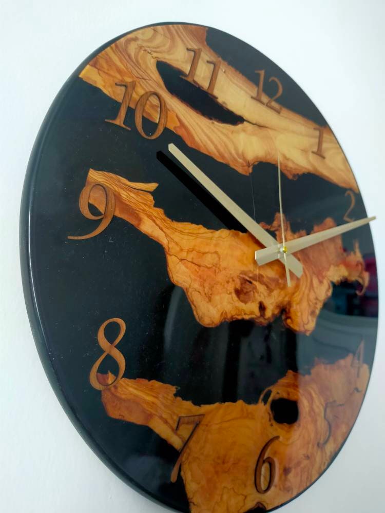 Transparent Epoxy & Olive Wood Wall Clock resinwoodliving