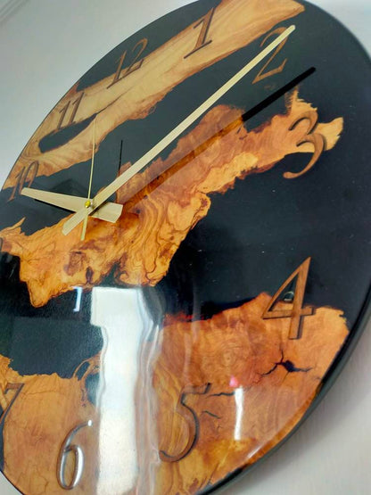 Transparent Epoxy & Olive Wood Wall Clock resinwoodliving