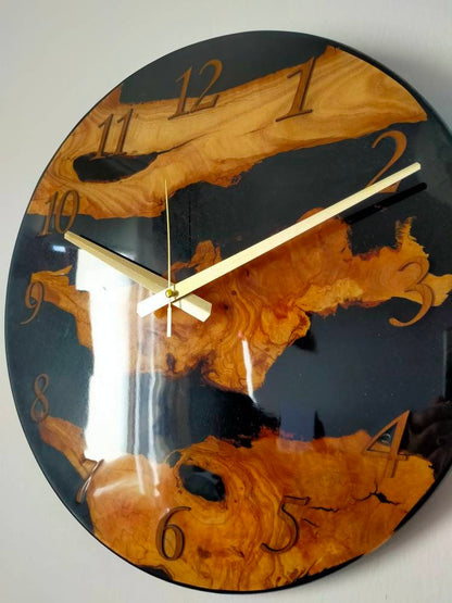 Transparent Epoxy & Olive Wood Wall Clock resinwoodliving