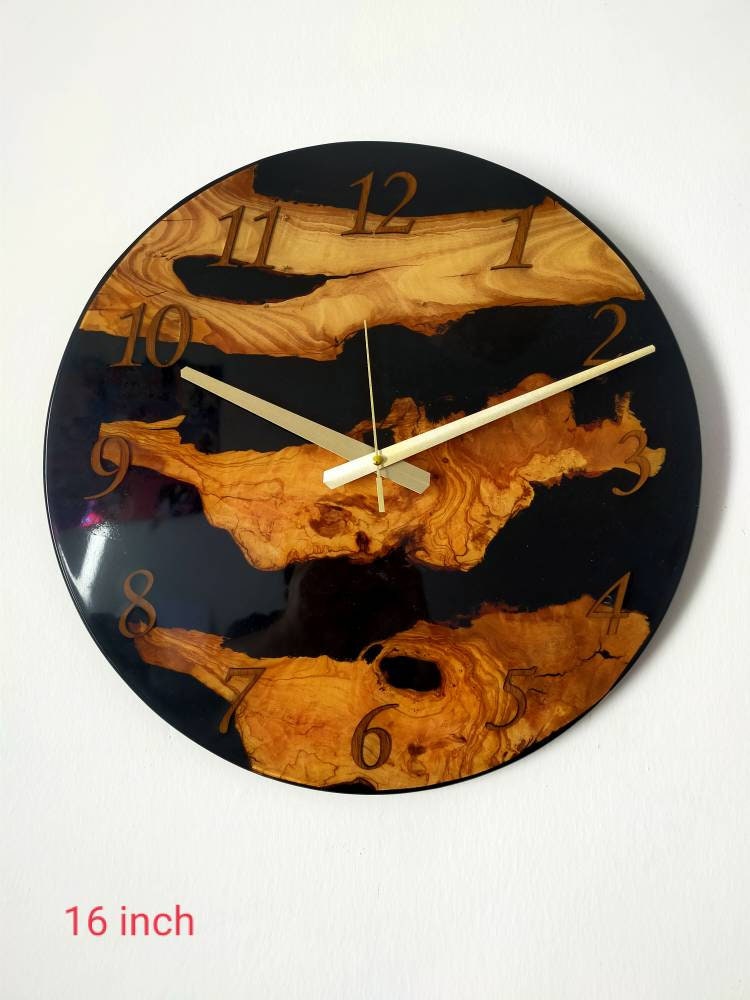 Transparent Epoxy & Olive Wood Wall Clock resinwoodliving