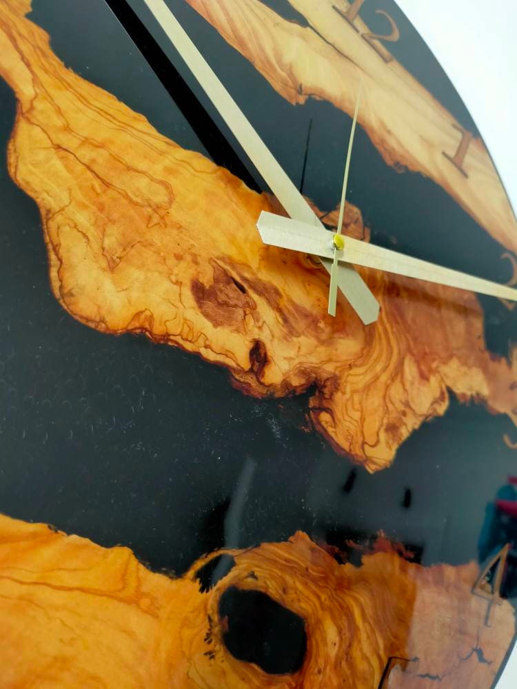 Transparent Epoxy & Olive Wood Wall Clock resinwoodliving