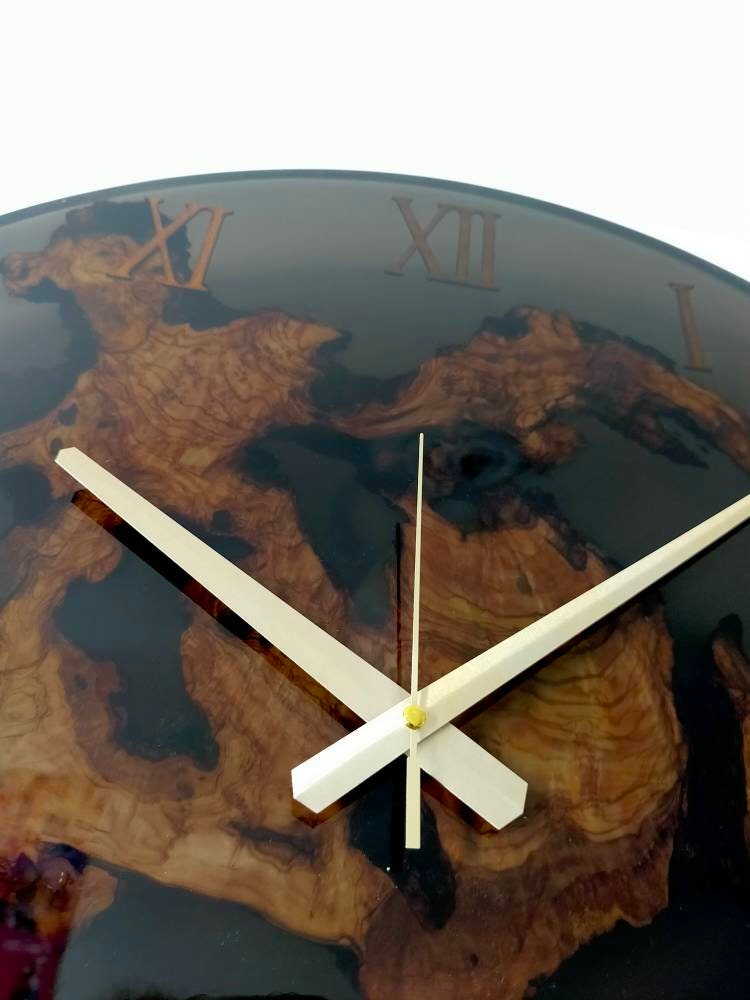 Transparent Epoxy & Olive Wood Wall Clock resinwoodliving