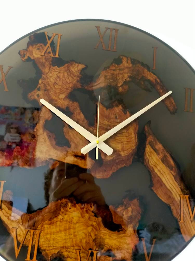 Transparent Epoxy & Olive Wood Wall Clock resinwoodliving