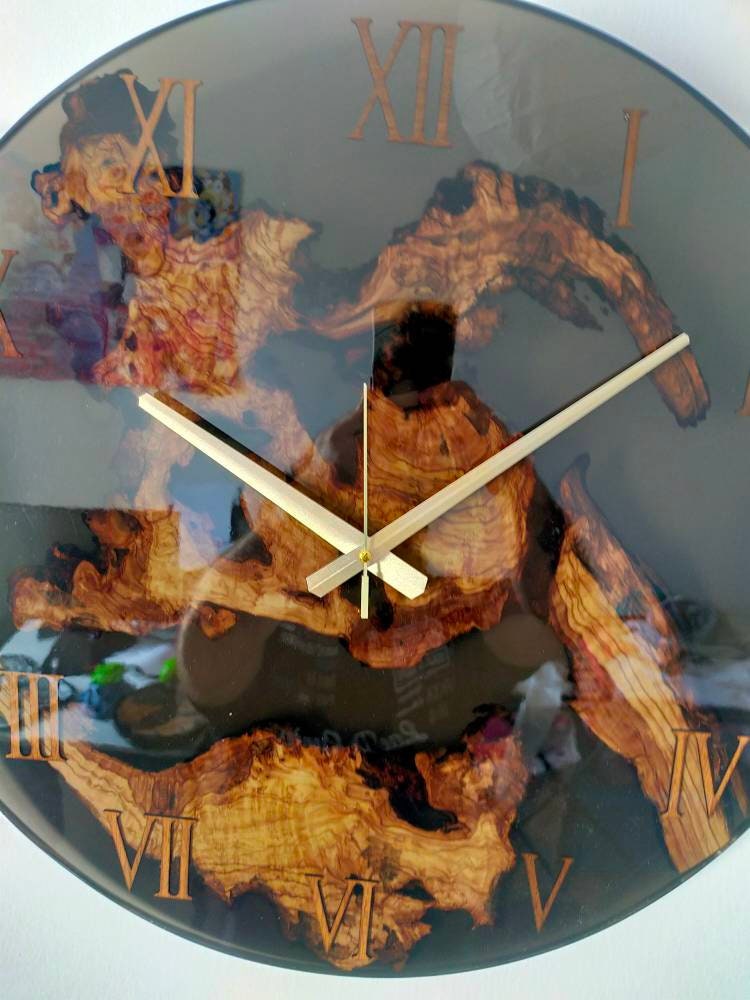 Transparent Epoxy & Olive Wood Wall Clock resinwoodliving