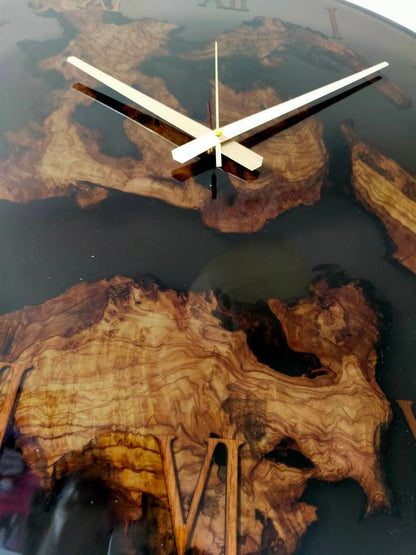 Transparent Epoxy & Olive Wood Wall Clock resinwoodliving