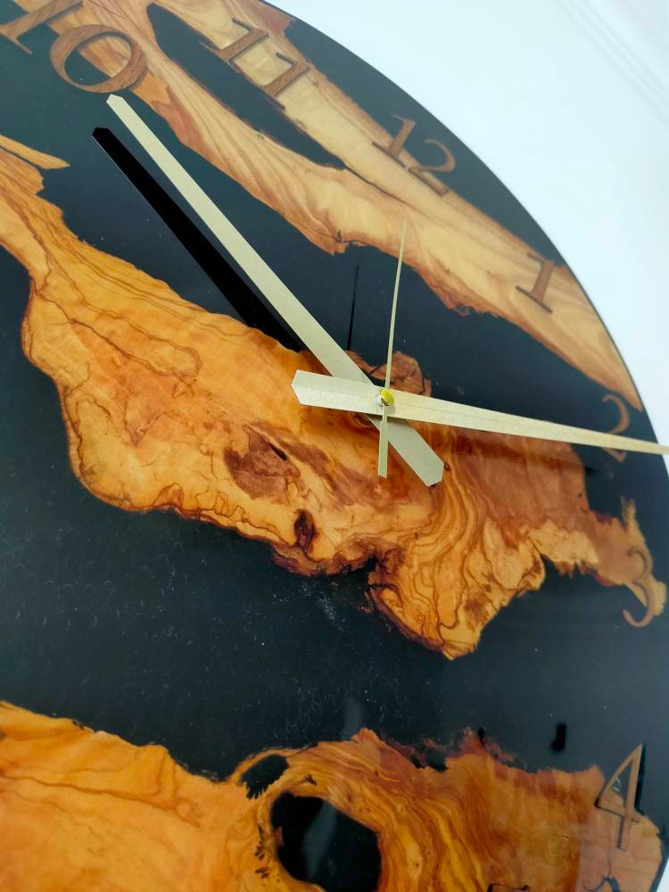 Transparent Epoxy & Olive Wood Wall Clock resinwoodliving