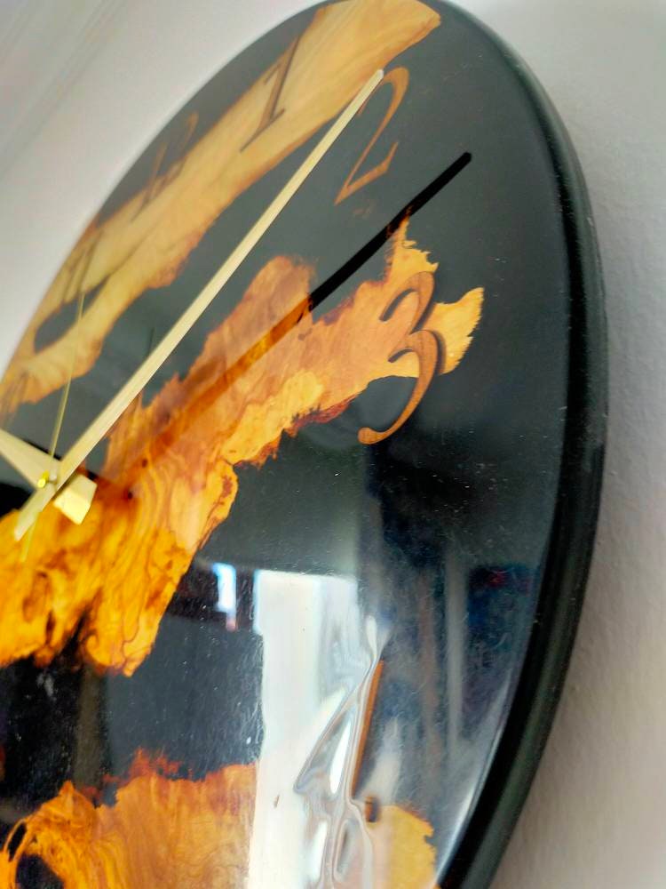 Transparent Epoxy & Olive Wood Wall Clock resinwoodliving